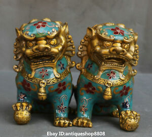 China Cloisonne Enamel Bronze Fengshui Foo Fu Dog Guardion Door Lion Pair Bixie