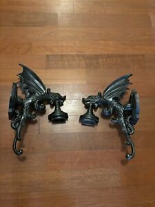 Antique Vintage Pair Of Gargoyles Dragon Gothic Wall Sconces Large Dungeon