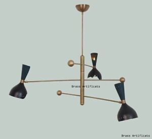 Mid Century Black Shade Brass Sputnik Chandelier Vintage Stilnovo Light 3 Tier