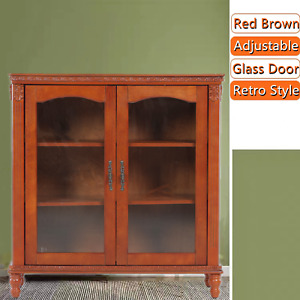 Storage Cabinet With 2 Glass Door Display Cabinet Wooden Retro Accent Cabinet