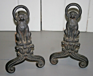 Antique Pair Of Dogs 19c Cast Iron Andirons Spaniel Mountain Rare Fireplace