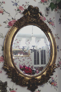 Vintage Oval Gold Gilt Gesso Beveled Mirror With Cupids 26 X16 