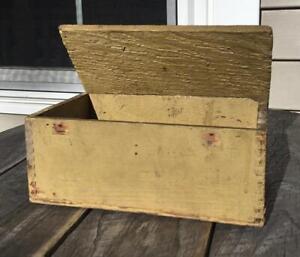 Antique Old Mustard Green Paint Wood Box Leather Strap Lid Box Corner Joinery