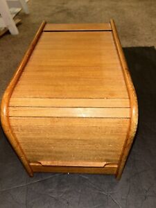Vintage Danish Modern Teak Tech Wooden Roll Top Recipe Desk Top File Organizer