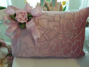 Pretty Pink Roses Big Sequence Embroidered Pink Velvet Lumbar Accent Pillow