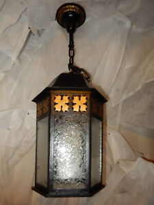 Tudor Colonial Cast Iron Porch Light Pendant W Old Glue Chip Glass
