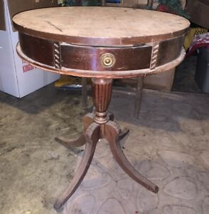Antique Mahogany 25 Round Drum Table With Drawer And Brass Feet 