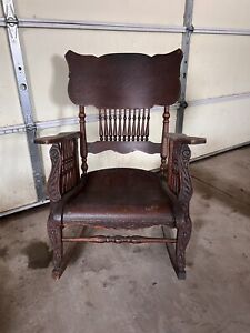 Late 1800 S Antique Rocking Chair Carved Tiger Oak