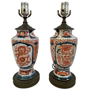 Pair Of Antique Japanese Hand Painted Imari Porcelain Table Lamps