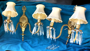 Pair Of Antique French Gilt Crystal Candelabra Wall Sconces W Shades