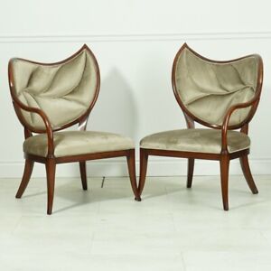 Pair Of Mahogany Leaf Back Arm Chairs Hand Made Velvet Fabric