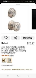 Kwikset Juno Satin Nickel Entry Set Door Knob And Double Cylinder Deadbolt Set