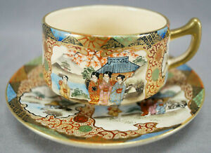 Antique Satsuma Meiji Hand Painted Japanese Aesthetic Style Tea Cup Saucer