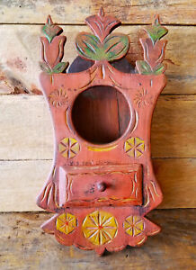 Rare Pa German Antique Painted Folk Art Wall Box Carved Tulips Wooden Clock Case