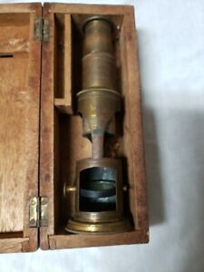 Rare Antique Brass Field Pocket Microscope In Wooden Case Vintage Used 1880 1930