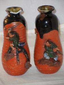 Antique Japanese Art Pottery Sumida Gawa Vases With Figures Signed Both A F 15cm