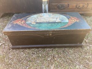 Antique 19th Cent Seaman Ship Painted Wood Chest Trunk English Nautical 1831