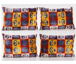 20x14 Multi Colored Cushion Case Uzbec Silk Velvet Handmade 4 Rectangle Pillows