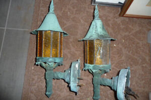2 Vintage Arts Crafts Gothic Witch Hat Porch Light Wall Sconces Antique Copper