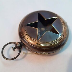 Antique Brass Pocket Compass Push Button Collectible Star Gift