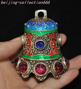 2 4 Tibetan Silver Inlay Green Gemstone Cloisonne Exorcism Clock Bell Pendant