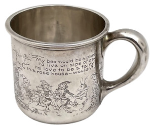 Gorham Sterling Silver Etched Child S Christening Mug With Elves Animal Motifs
