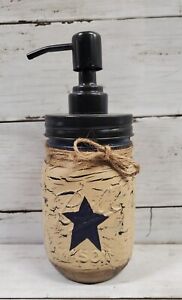 Primitive Crackle Tan Navy Blue Stars Mason Jar Soap Dispenser Choice Top
