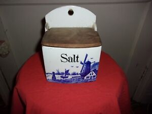 Vintage Antique Wall Salt Box Blue Dutch Delfts Wood Top
