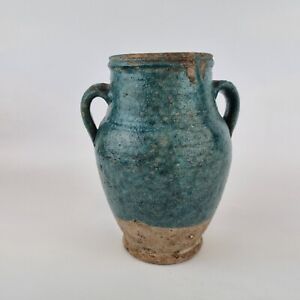 Antique Middle Eastern Pottery 2 Handled Jar With Blue Glaze 16 5cm High A F