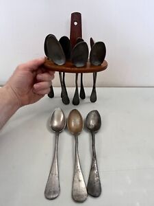 Rare Antique 18th Century American Primitive 10 Pewter Spoons With Rack Holder
