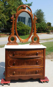 Walnut Victorian Marble Top Dresser With Swing Mirror