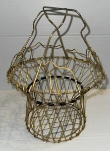 Antique French Gold Tone Wire Egg Basket Collapsible Country Farm House
