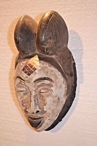 Hand Carved Wood Punu Okuyi Mask From Gabon With Reed Wrapped Border Brown White