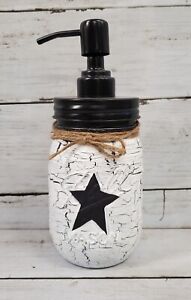 Primitive Crackle White Black Star Mason Jar Soap Dispenser Choice Top