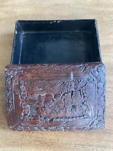 Antique Chinese Cinnabar Lacquer Box Carved Lidded Rectangular Box 19th Century