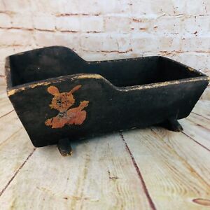 Vtg Wood Baby Doll Cradle Primitive Brown With Decals 18 L