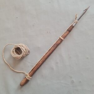Vtg Antique Small Fishing Harpoon Spear With Jute Rope Fisherman Hunting Tool