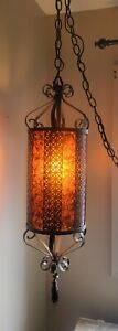 Vintage Spanish Style Ceiling Lamp Gothic Wrought Iron Amber Stained Plastic Wra