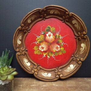 Vintage Wooden Wall Plate Folk Art Bowl Hand Carved Painted German Rustic Floral