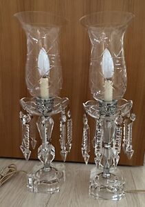 Stunning Pair Antique Cut Crystal Glass Electrified Luster Lamps Prisms Etched