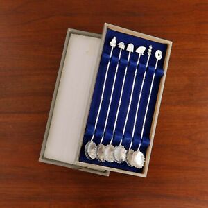 6 Figural Japanese Silver Iced Tea Spoons Boxed Floriform Bowls Asian Finials