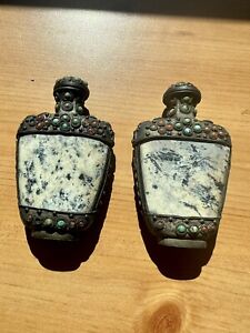 2 Pair Of Mongolian Inlaid Turquoise Metal Snuff Bottles Circa 1880 1925