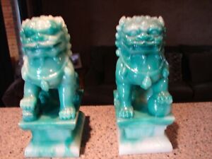 Vintage Antique Carved Chinese Foo Dogs Jade Green Heavy 6 1 2 Tall Nice Pair 