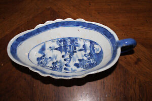 Antique Chinese Qing Canton Ware Blue And White Open Sauce Gravy Boat 7 8 Long