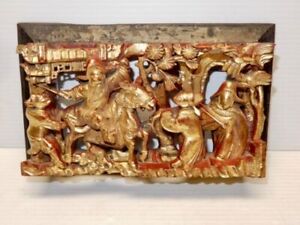 Antique Chinese Wooden Gilt Carved Plaque Fighting Warriors Ca 1920