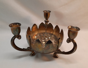 Vintage Leonard Candelabra Silver Plated Lotus Flower Frog 3 Candle Holder Bowl