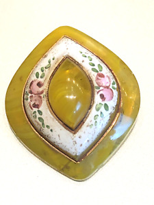 Victorian Glass Button W Painted Roses Framed In Yellow Glass Unusual Shape