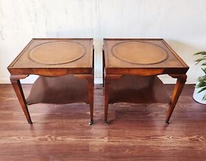 Leather Top Mahogany Large End Tables Pair Vintage Antique Square Nightstands