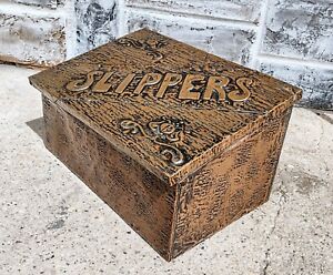 Antique Arts Crafts Hammered Tooled Copper Slippers Storage Box