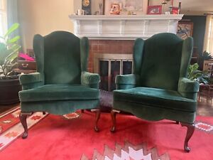 Pair Of Green Velvet Vintage Ethan Allen Queen Anne Wingback Chairs